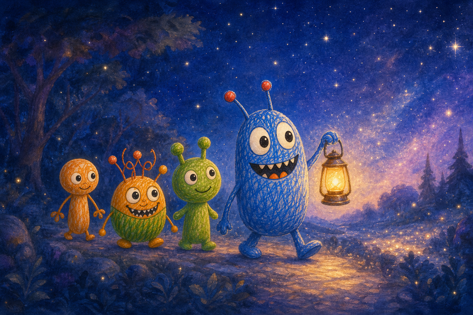 Character 1 leads Character 2, Character 3, and Character 4 along a dark, mysterious path under a starry sky, with distant stars twinkling brightly, as they search for magical stardust.