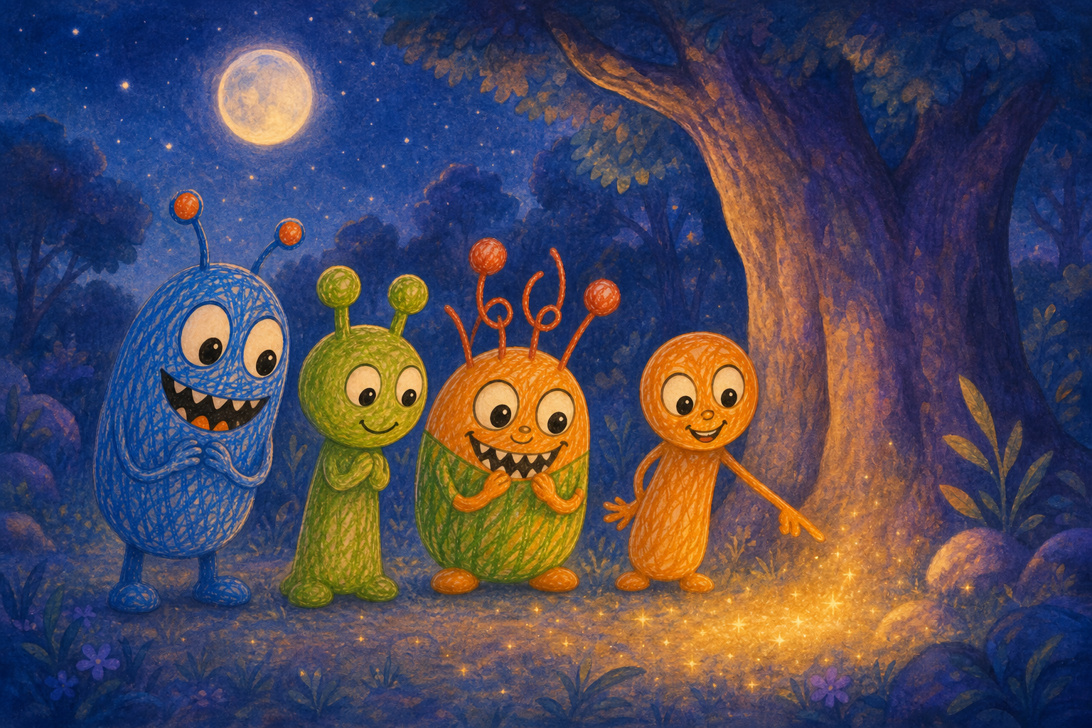 Character 4 spots a glimmer at the base of a large tree, guiding Character 1, Character 2, and Character 3 to discover stardust scattered on the ground, illuminated by the moonlight.