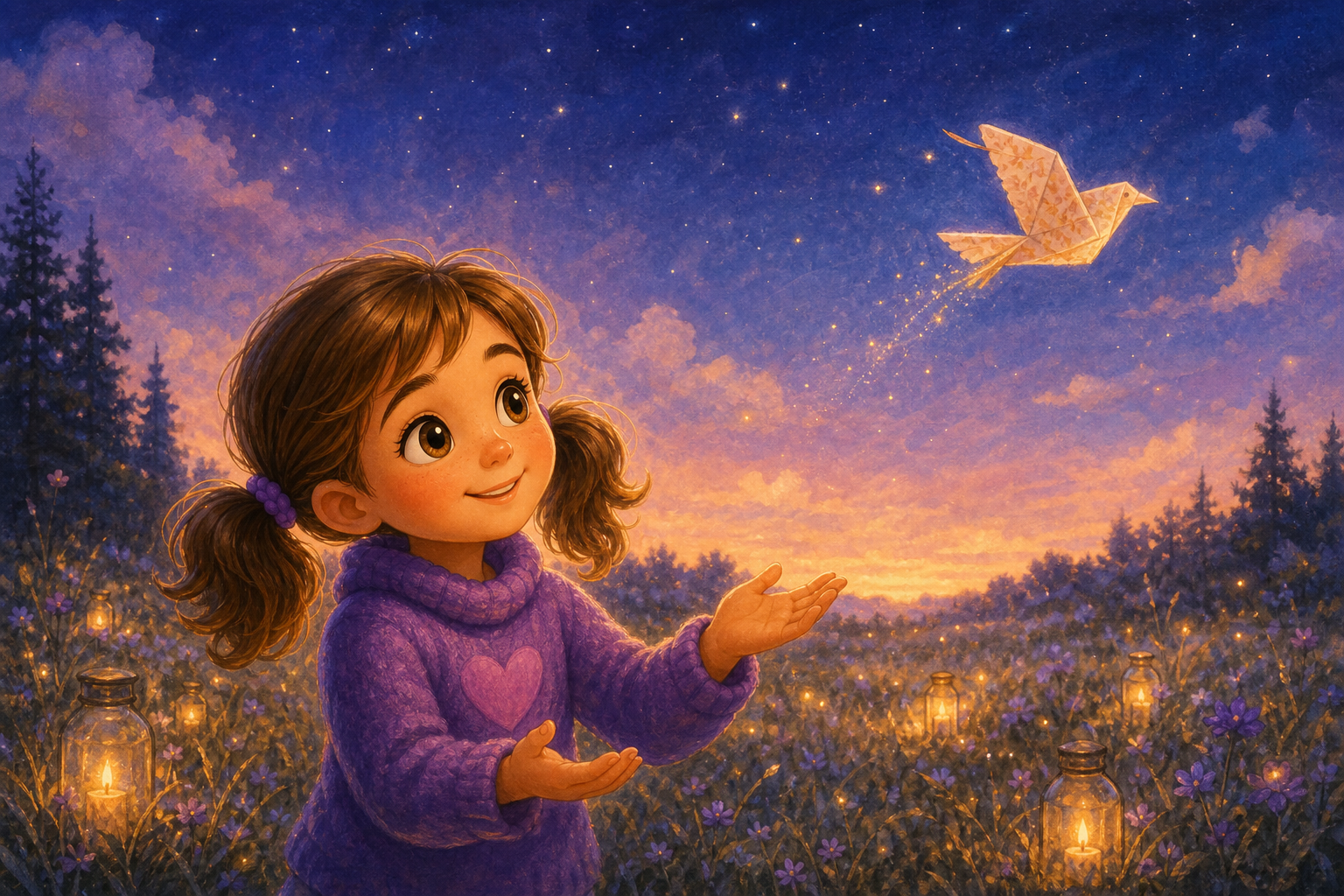 Character 1 stands in the field, her eyes sparkling with wonder as she watches her paper bird quiver and drift in the gentle evening breeze.