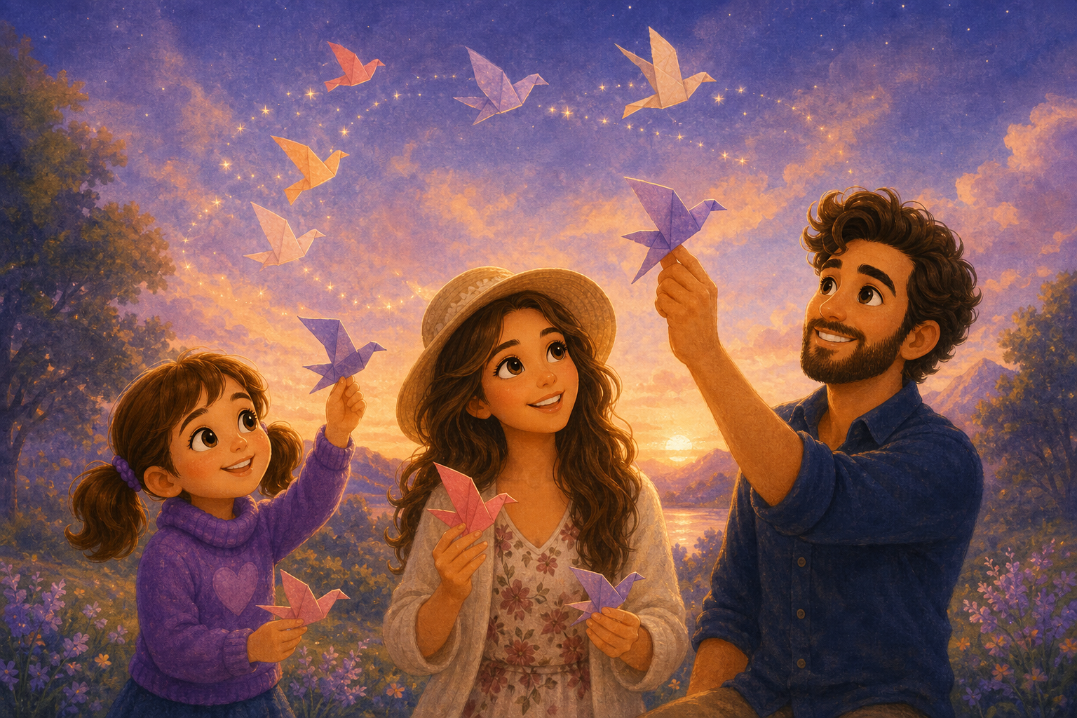 Character 1, Character 2, and Character 3 weave their paper birds in the air under the softening sky, creating gentle patterns as the sun sets, capturing a moment of shared joy and tranquility.