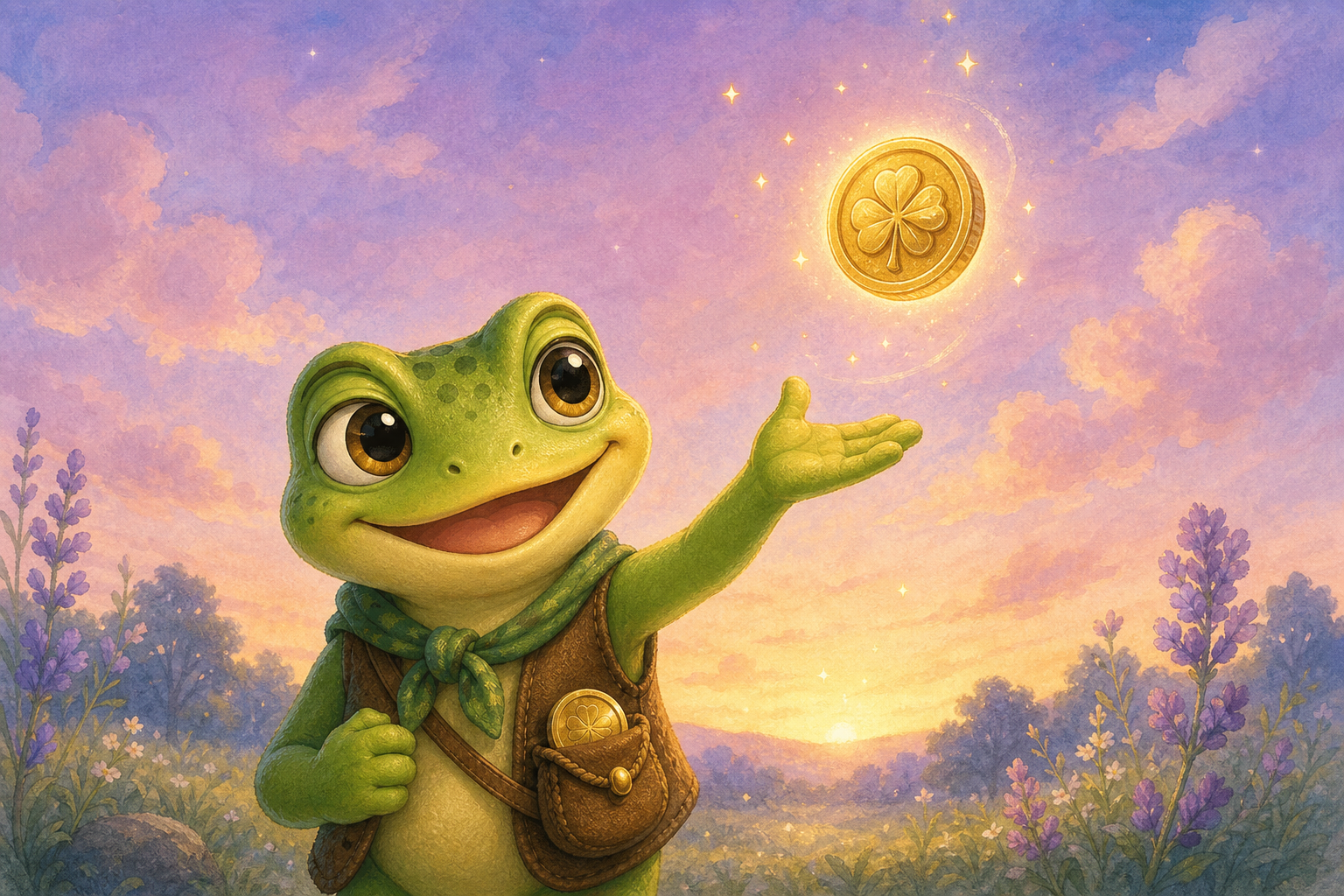 In the first scene, Character 1 smiles widely as a golden coin appears in the air against the backdrop of a lilac morning sky, symbolizing the reward for kindness.