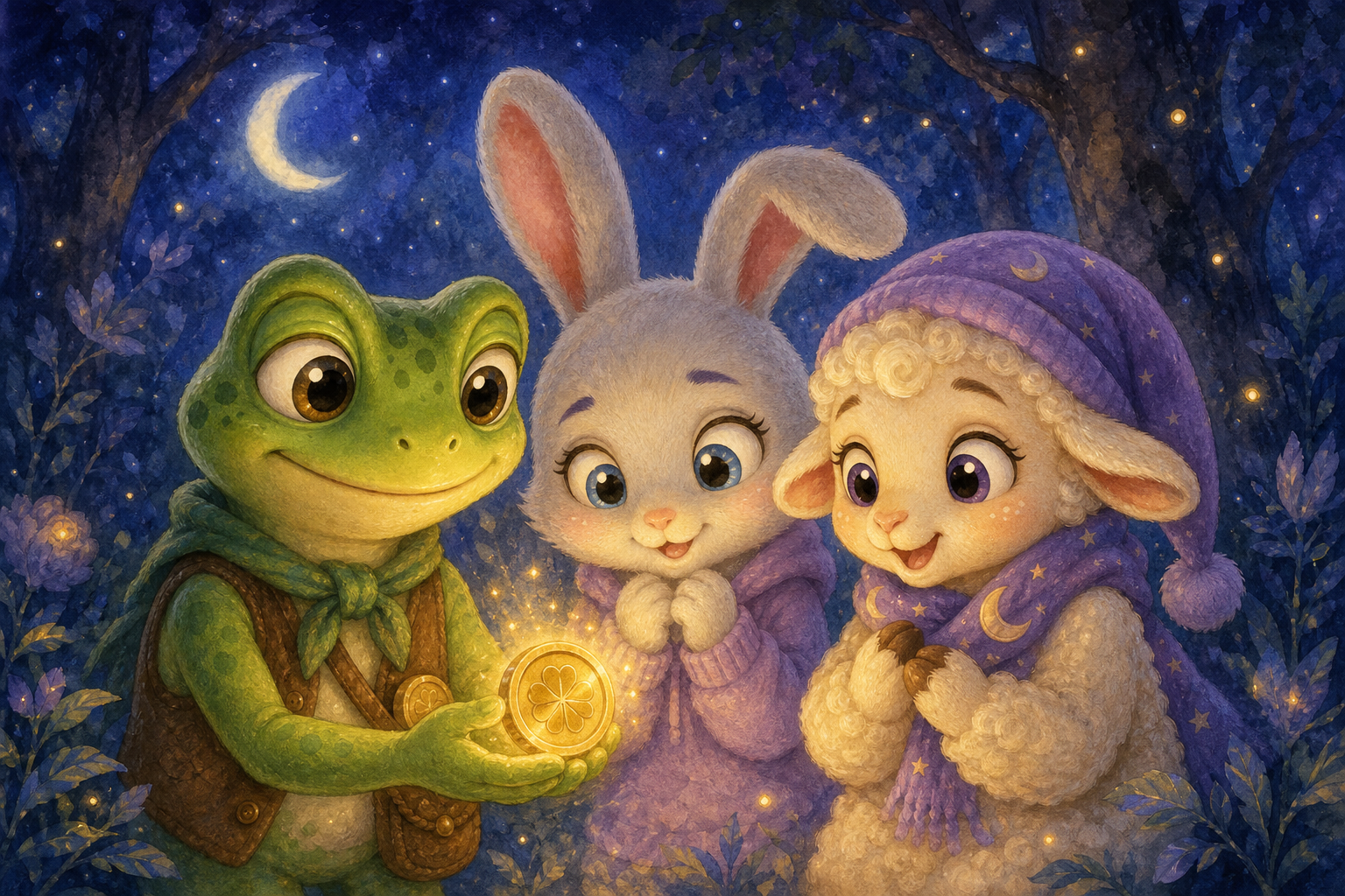 In the second scene, Character 1, Character 2, and Character 3 stand together in the forest, illuminated by the soft glow of a golden coin, feeling the warmth and joy of kindness shared.