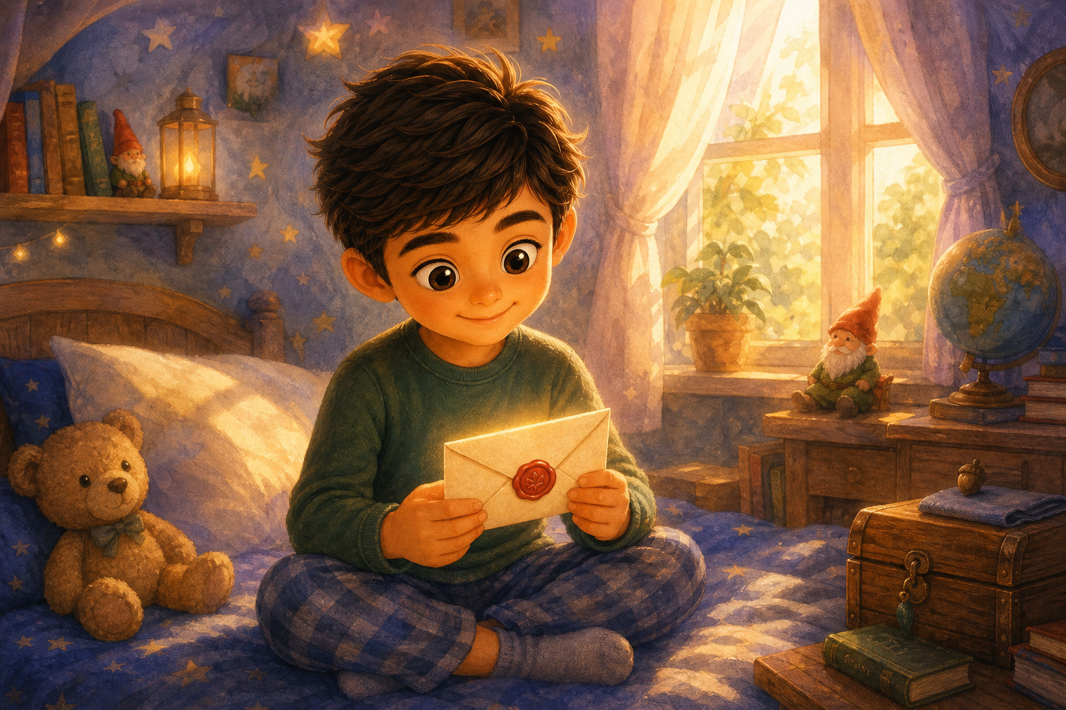 Character 2 sits in his room, holding the softly glowing envelope. The room is gently lit by the morning sun streaming through the window, creating a warm and inviting atmosphere.