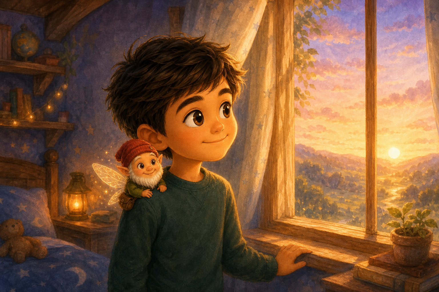 Character 2 stands by the window with the tiny shimmering creature on his shoulder, watching the sunrise. The room is filled with a gentle golden light, highlighting the warmth and hope in Character 2