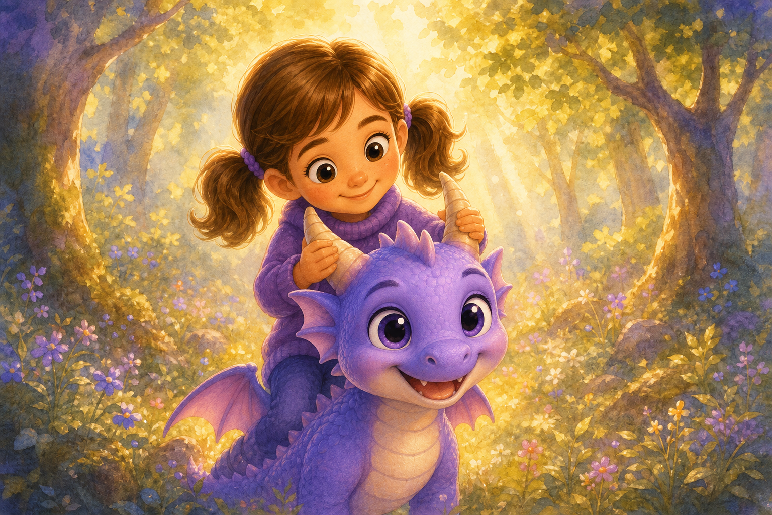 Character 1 and Character 2 are in a sun-dappled forest clearing, Character 2 is gently holding onto Character 1's sturdy horns, with sunlight filtering through the leaves, creating a serene and hopef