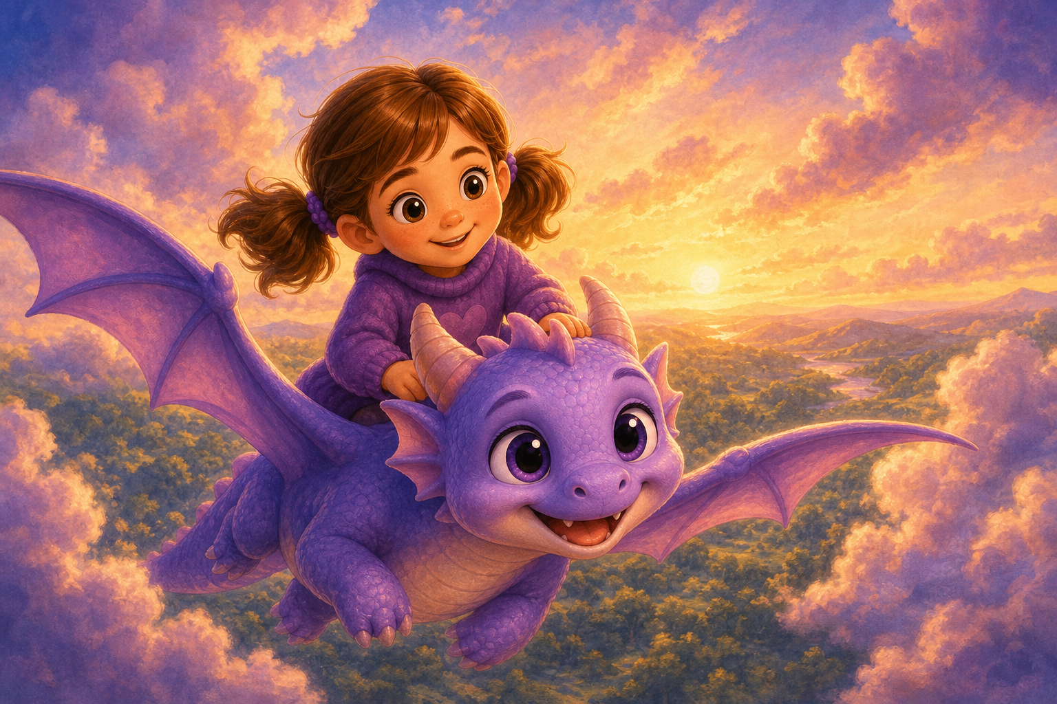 Character 1 and Character 2 soar above a vast green forest, bathed in the pink and golden hues of the setting sun, with clouds surrounding them, capturing a moment of wonder and friendship.