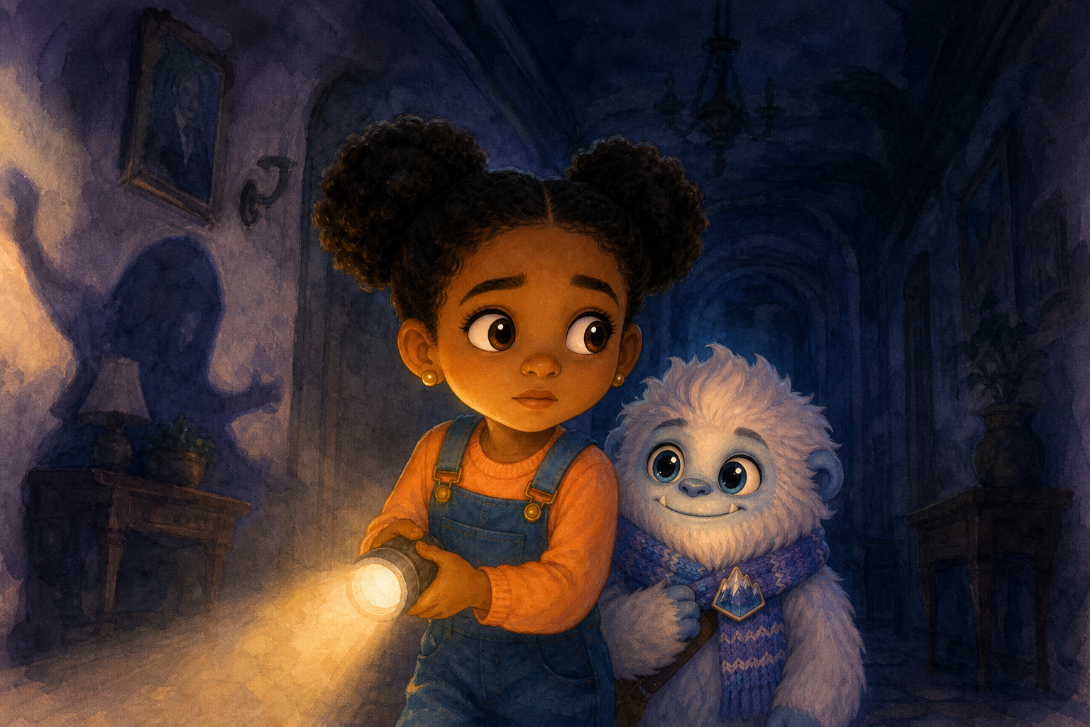 Character 1 stands in a dark, shadowy corridor, holding a flashlight tightly, with shadows stretching around her. The only light is from her flashlight, creating a mysterious yet calm atmosphere.