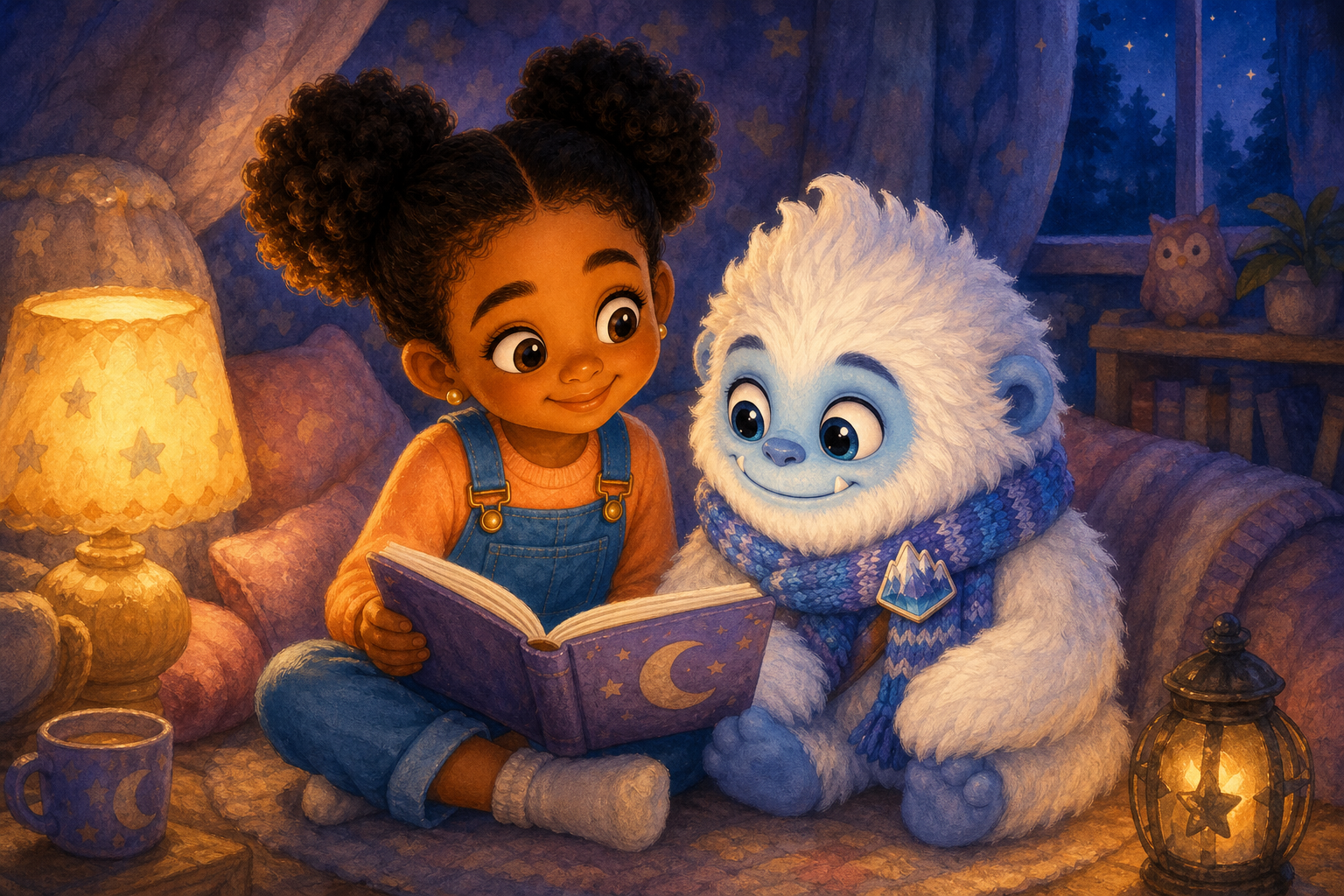 Character 1 and Character 2 sit together in a cozy corner, sharing stories. The room is gently lit by a nearby lamp, casting a warm glow over their friendly and peaceful interaction.