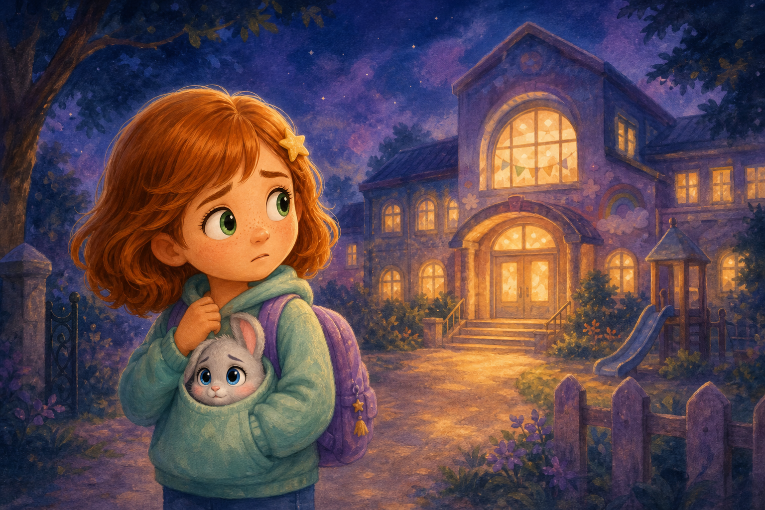 Character 1 is holding her pocket tightly, feeling the reassuring presence of Character 2 inside, as they both gaze at the new and slightly intimidating kindergarten building ahead.