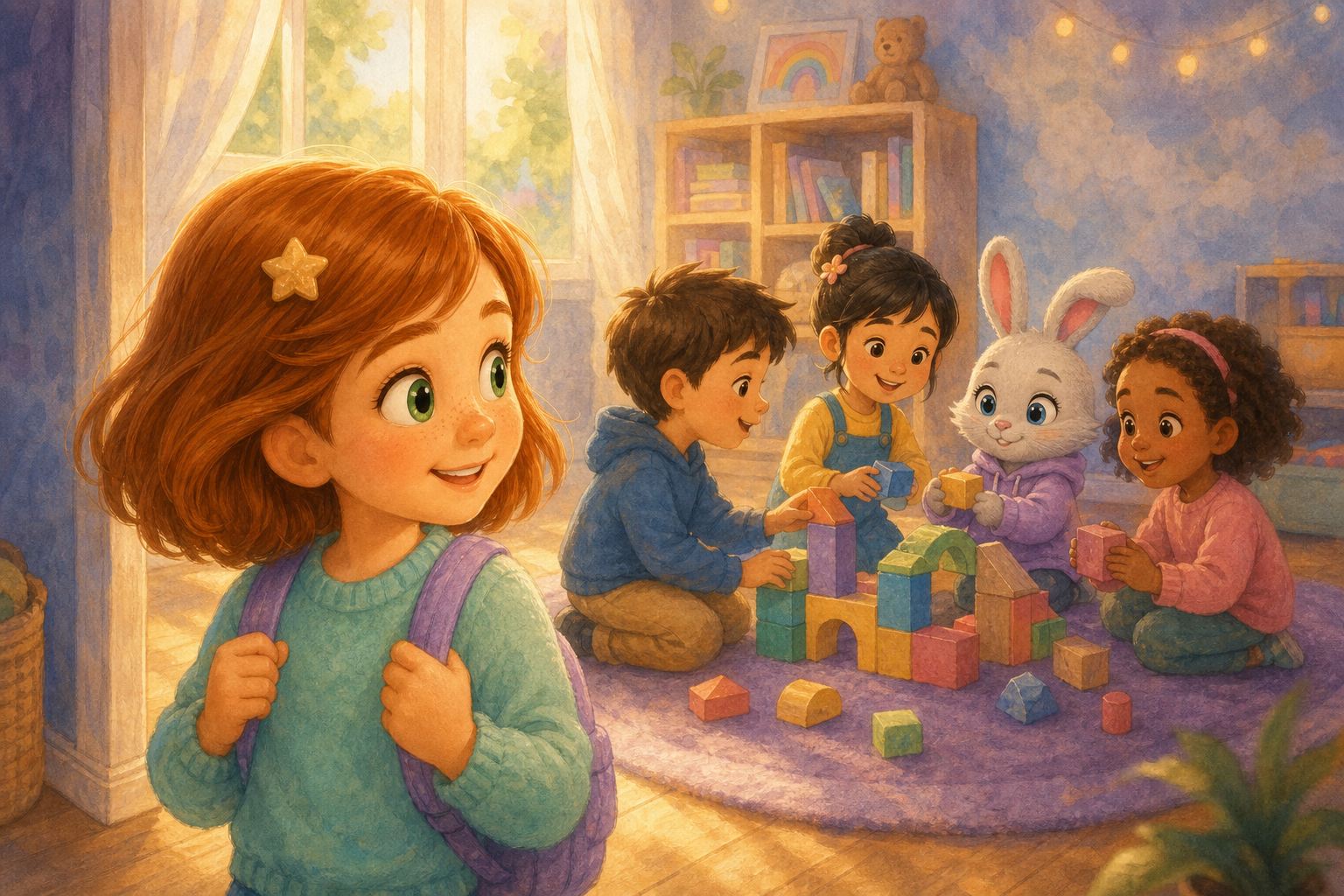 Character 1 sees Character 2's familiar bunny ears among a group of children playing with blocks. It's a sunny afternoon, and Character 1 takes a deep breath, feeling encouraged to join in.