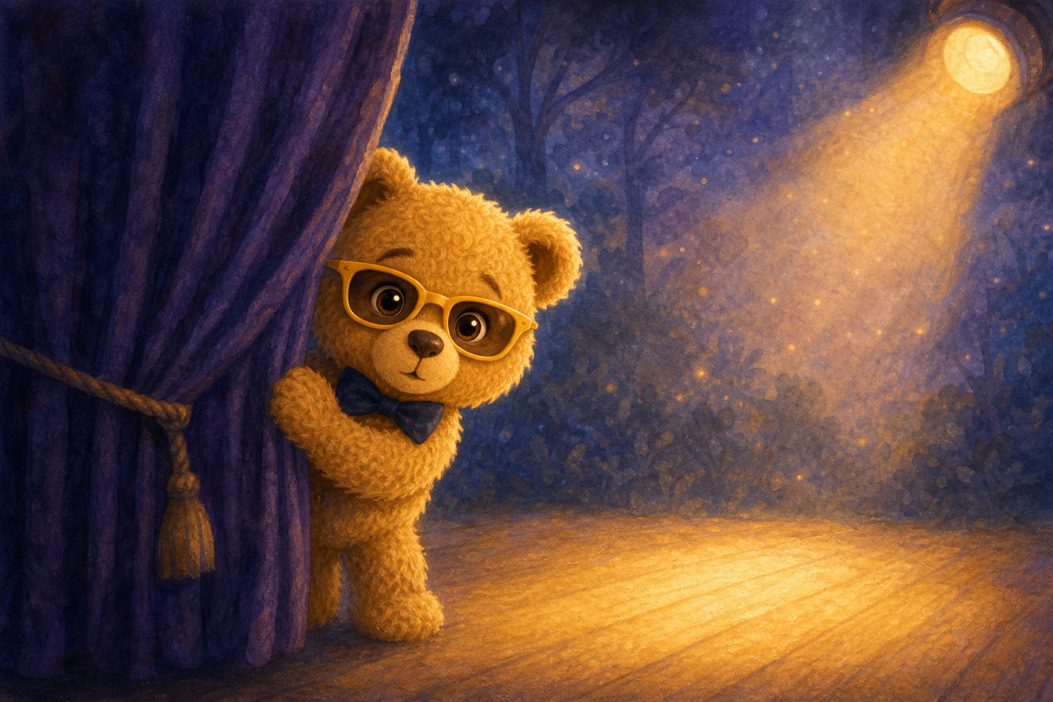Character 1 stands behind the curtain, peeking out at the audience with wide eyes, feeling a mix of excitement and nervousness as the spotlight illuminates the stage from the side.