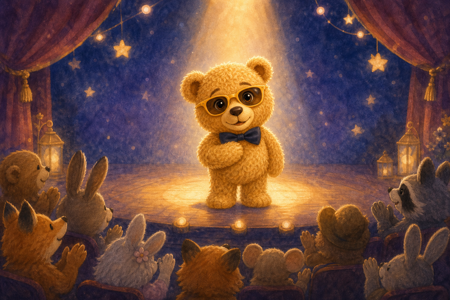 Character 1 stands at the center of the stage, surrounded by the warm embrace of the spotlight, looking out at the audience with a bright, grateful smile as applause fills the room.