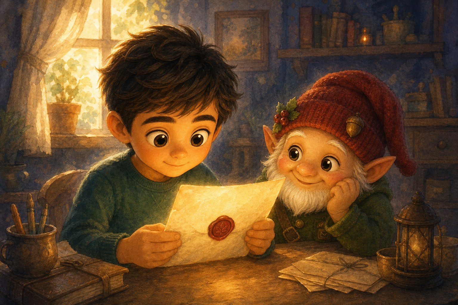 Character 1 sits quietly at a small table, gazing intently at a glowing letter. The room is softly lit by morning sunlight filtering through a window.