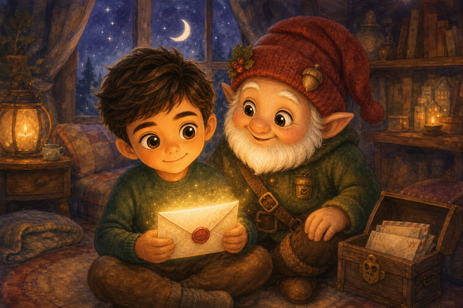 Character 1 and Character 2 sit together in a peaceful room. Character 1 smiles warmly, holding the glowing letter, as Character 2 gently nods in encouragement. The golden light from the letter fills