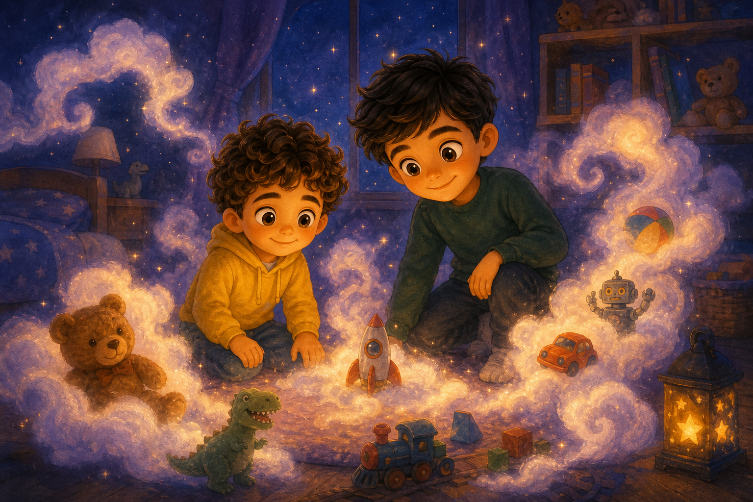 Character 2 and Character 4 pause as soft clouds swirl around the scattered toys in the dimly lit room, inviting them to play. The atmosphere is magical and serene, with a gentle light coming from the