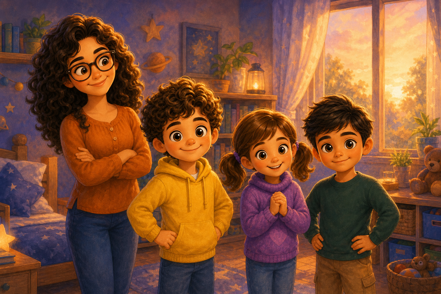 Character 1 watches with a smile as Character 2 and Character 4 stand in the tidy room, feeling accomplished. The room is bathed in the warm glow of the setting sun, and Character 3 joins them, adding