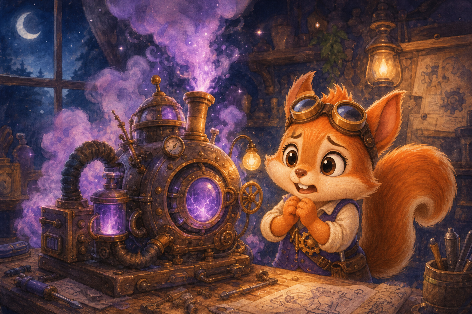 Character 1, feeling a mix of excitement and nervousness, stands beside a newly built machine as it sputters and releases a burst of purple smoke, casting a mystical glow around the workshop.