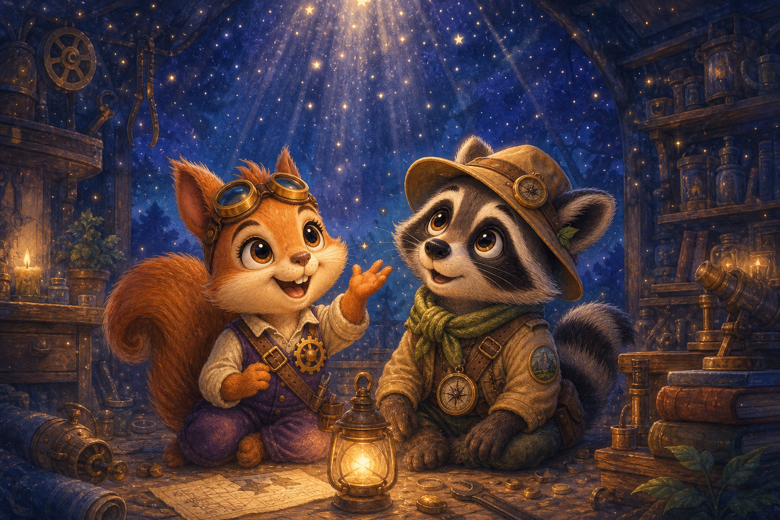 Character 1 and Character 2 sit together, bathed in a gentle, magical starlight that fills the workshop like a soft, sparkling rain. They share a moment of wonder and accomplishment, surrounded by the