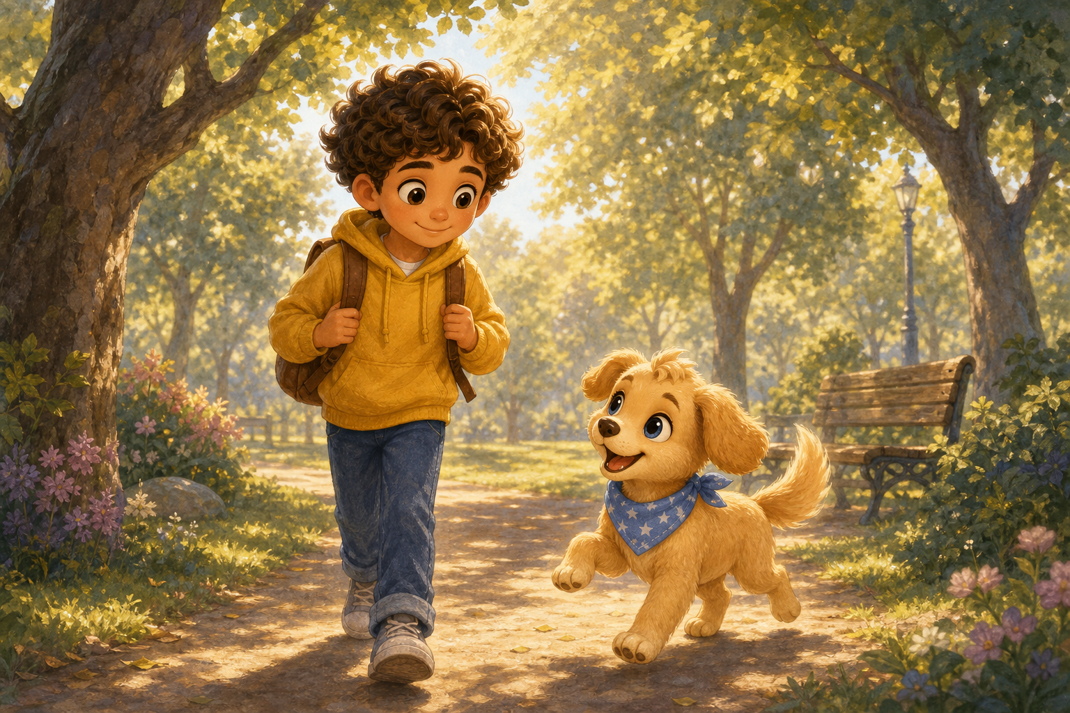 Character 2 is walking through a sunlit park, greeted by Character 3 with a wagging tail full of joy. The morning light shines through the trees, casting playful shadows on the ground.