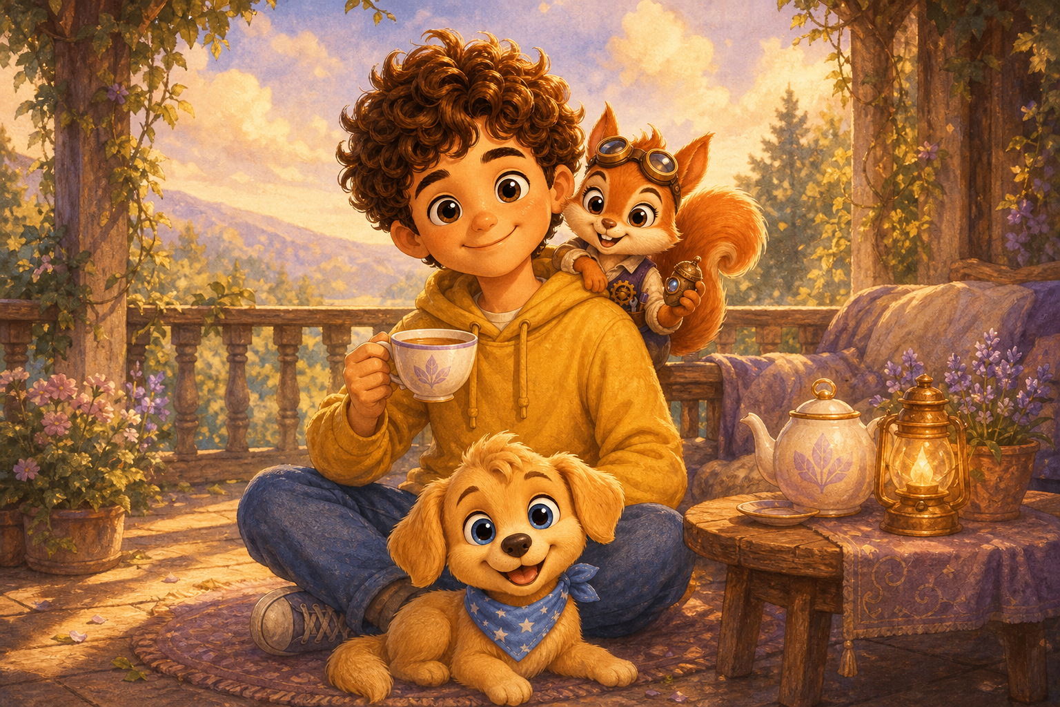 Character 2 is seated on a veranda with Character 3 at his feet and Character 4 on his shoulder, holding a cup of tea from Character 1. The scene is calm and warm, with the afternoon sun gently illumi