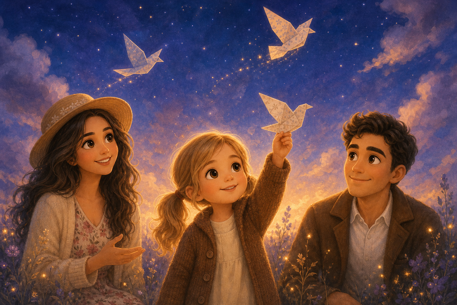Character 1 stands in the field, holding her paper bird high with hopeful eyes, as her mom's and dad's birds dance in the breeze above. The soft evening light glows around them.