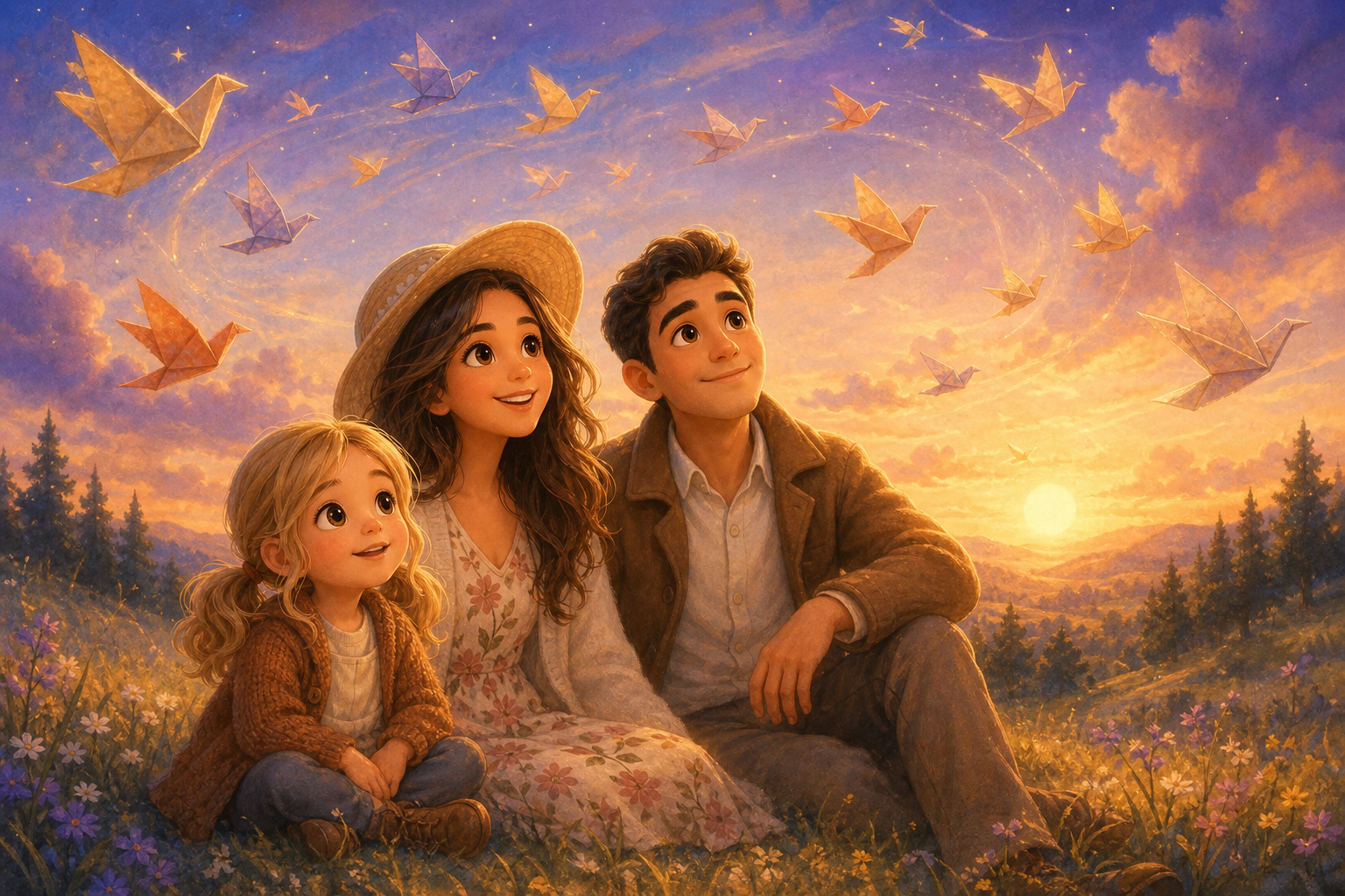 Character 1, Character 2, and Character 3 watch as the paper birds circle above, casting soft shadows on the ground. The setting sun's rays warm their faces, creating a peaceful and magical atmosphere
