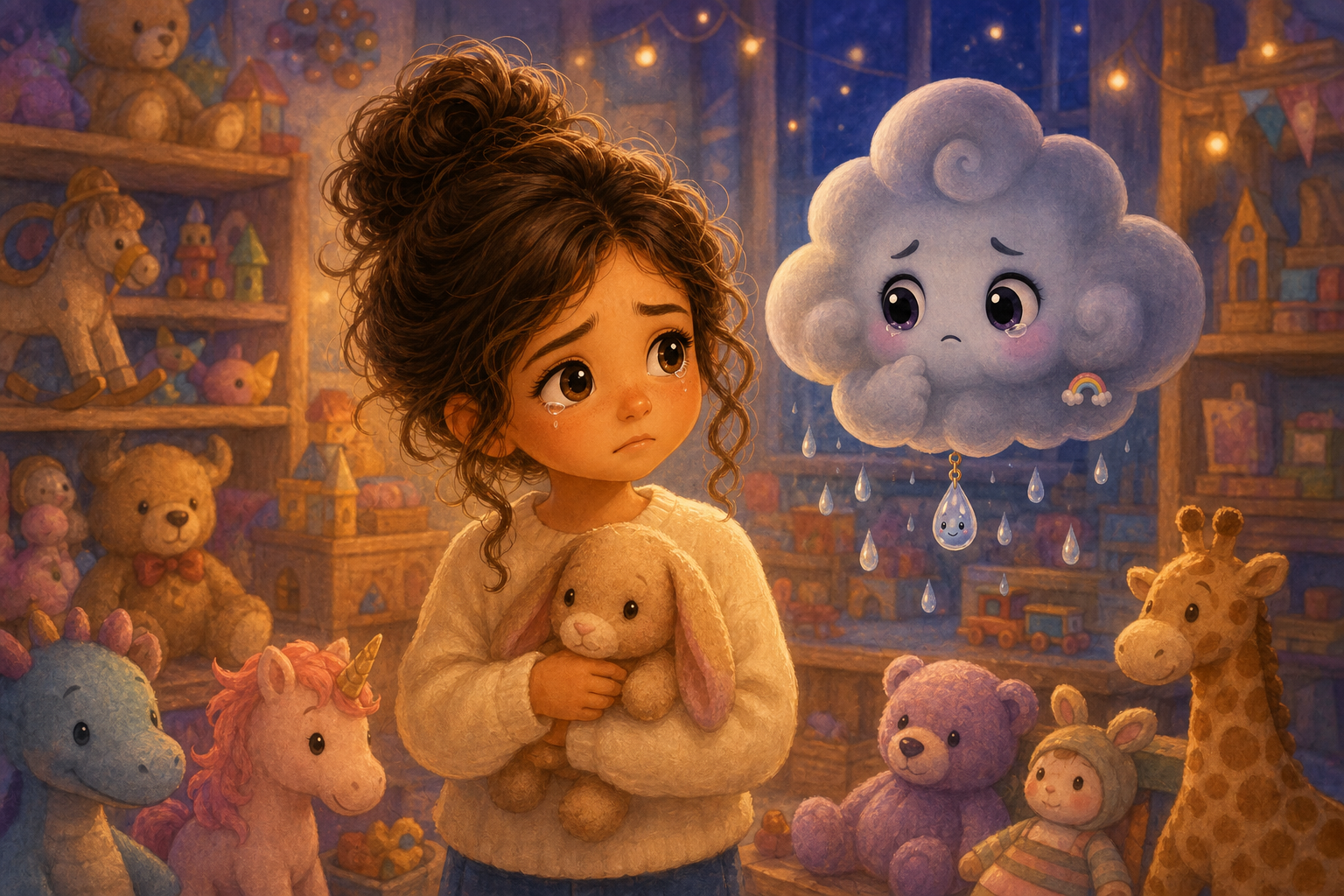 Character 1 stands surrounded by toys with tears in her eyes, while Character 2, the cloud, floats nearby, turning gray with small raindrops falling. The store is warmly lit, creating a comforting atm