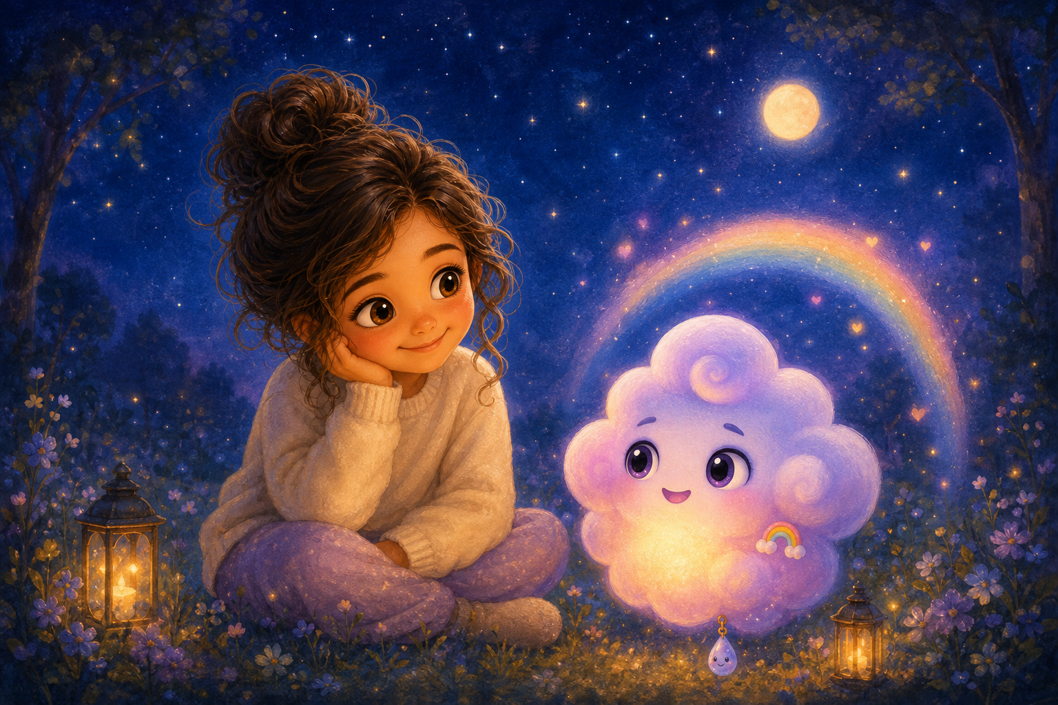 Character 1 and Character 2 share a quiet moment outside under a bright sky. Character 2 glows softly with pink and yellow hues, and a delicate rainbow arcs above it, symbolizing feelings passing by.
