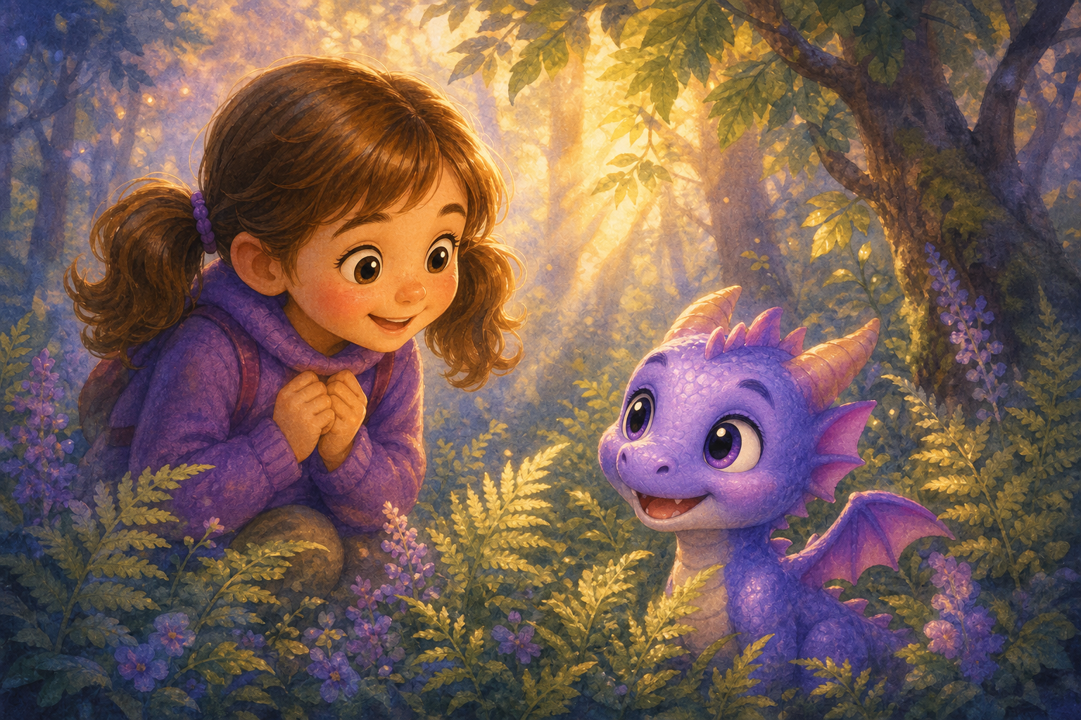 Character 2 discovers Character 1 among the ferns in the forest, her eyes wide with delight as the little dragon's shimmering scales catch the light of a gentle afternoon sun.