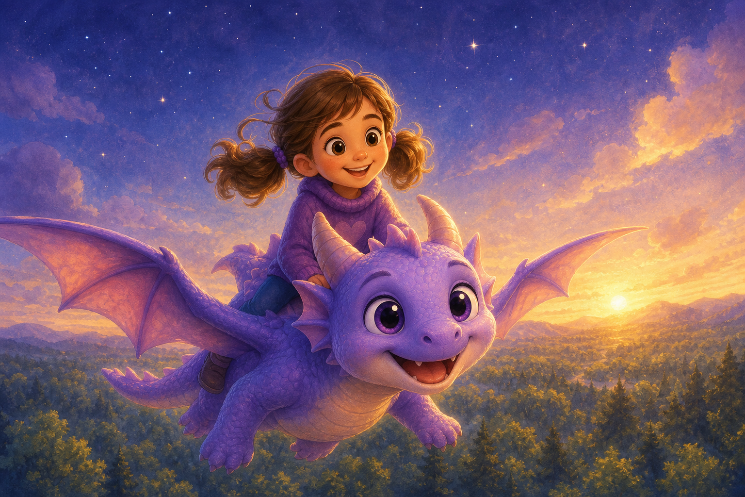 Character 1 and Character 2 soar above the treetops, with the sunlight glinting off Character 1's wings and Character 2's laughter filling the sky, while the forest below stretches like a sea of green