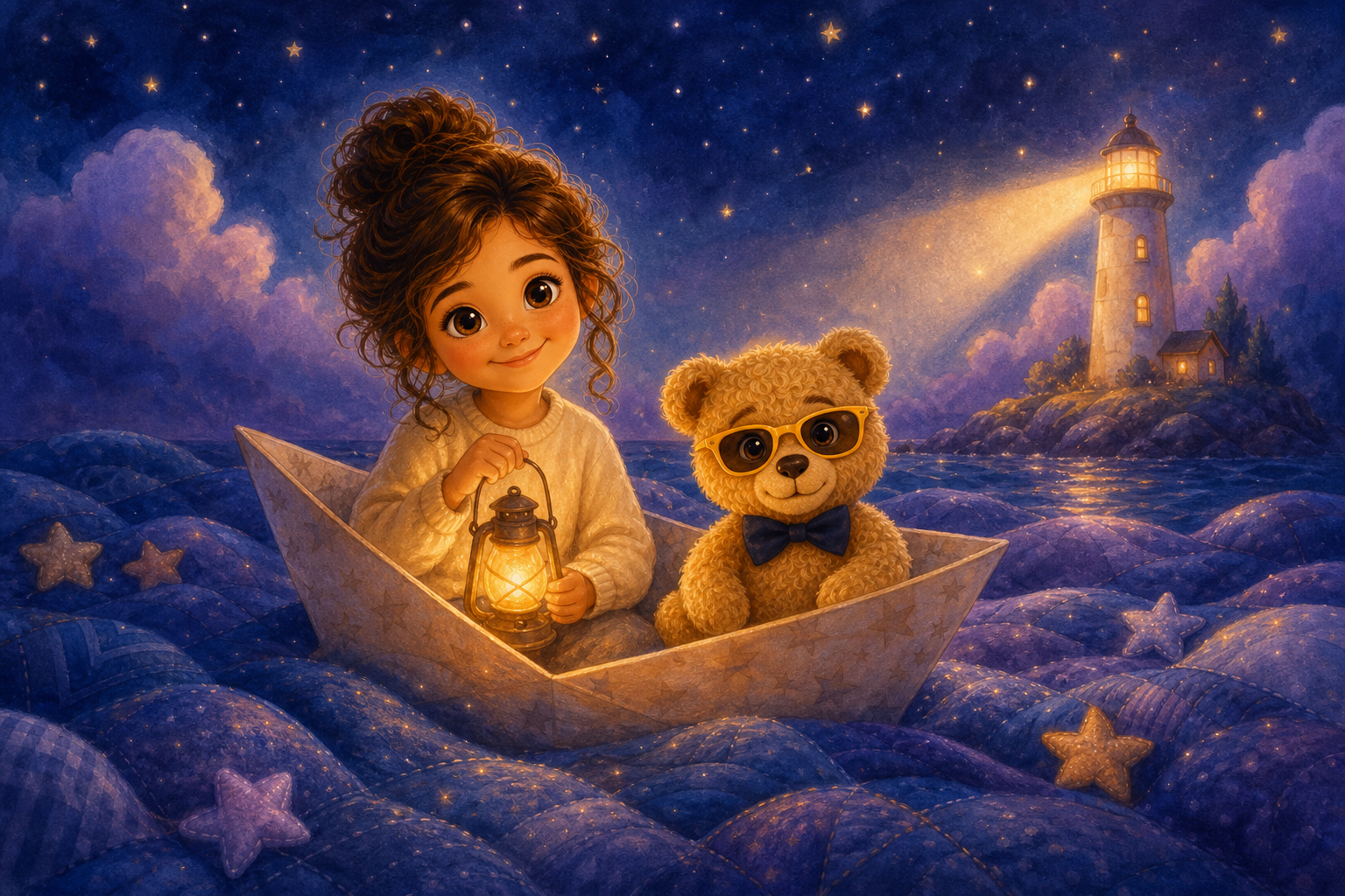 Character 1 and Character 2 sit in a magical paper boat on the blanket ocean, surrounded by calm waves. The scene is illuminated by a soft glow from a distant night-light lighthouse, providing warmth