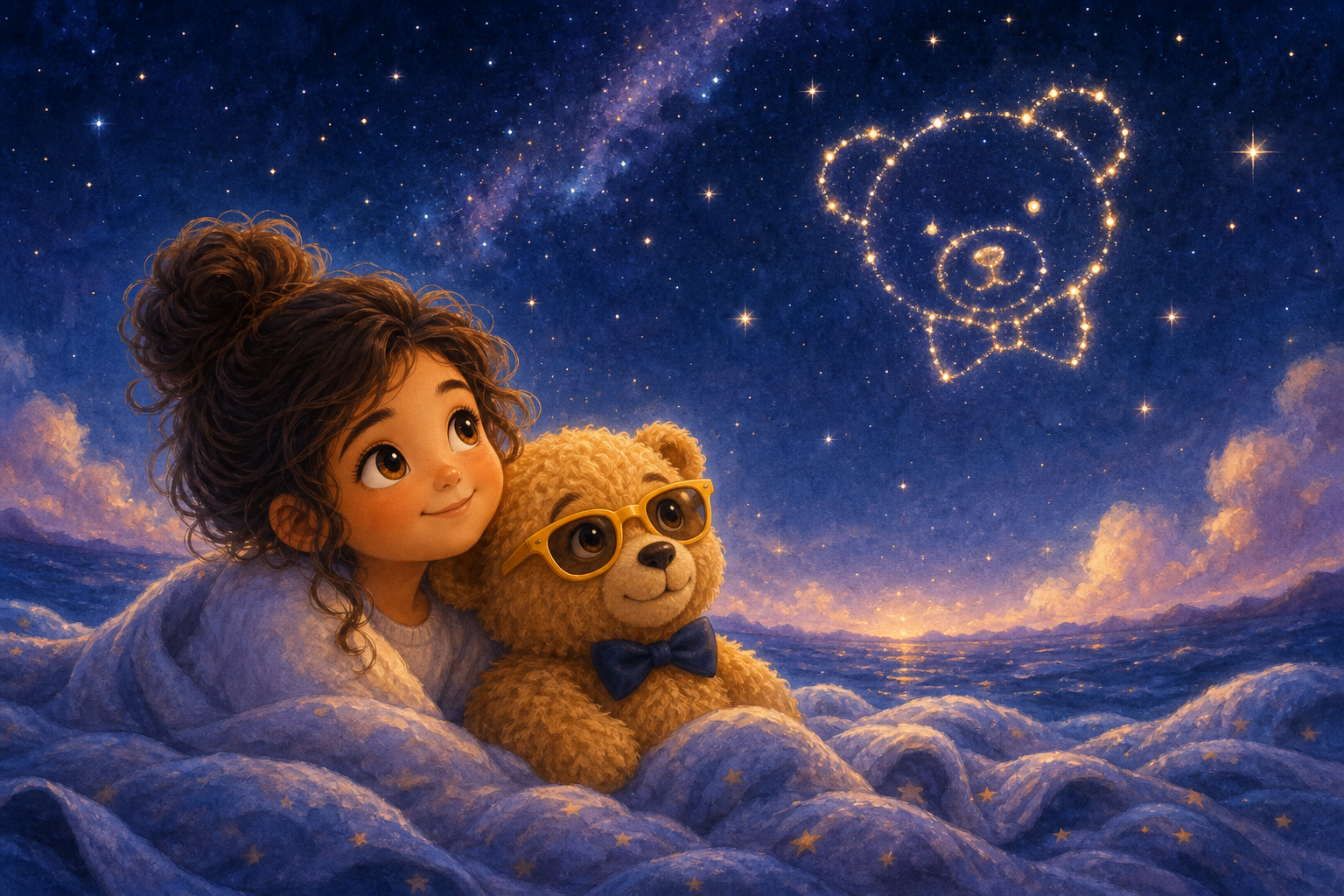Character 1 and Character 2 are nestled together on the blanket ocean, gazing up at the twinkling stars above. The scene is serene and peaceful, with the night sky softly glowing with their newly pain