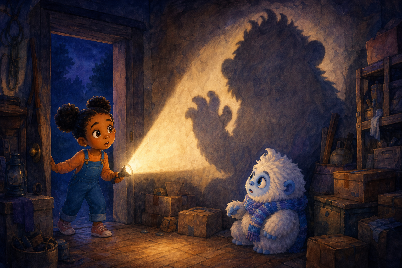 Character 1 stands at the entrance of the storage room, her flashlight beam revealing Character 2's giant, shaggy shadow on the wall. The room is dim, filled with boxes, and the atmosphere is tense ye