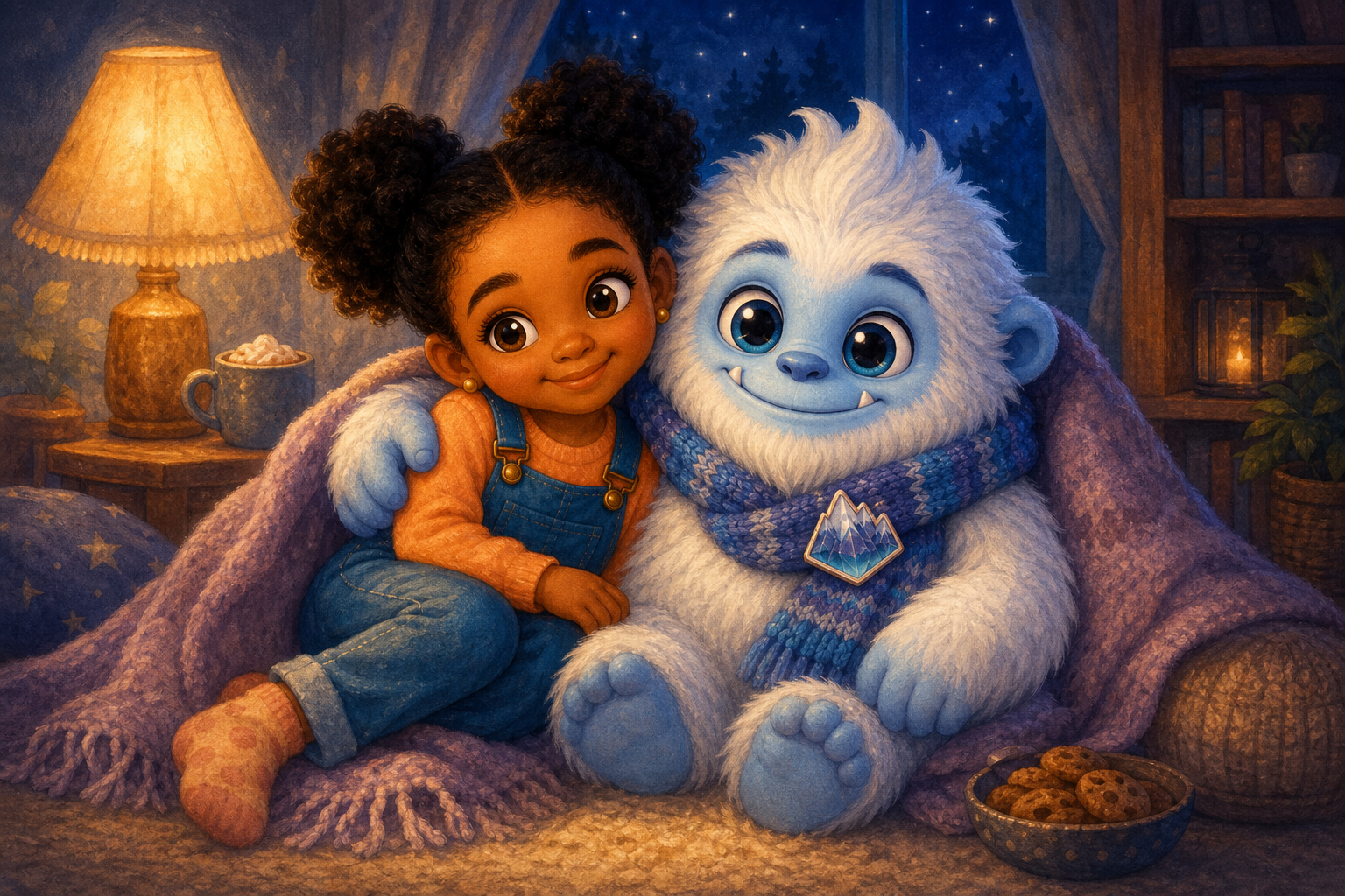 Character 1 and Character 2 sit together in the cozy corner of the living room. Character 1 is nestled comfortably against Character 2, under the soft glow of a lamp, as they share a quiet, contented