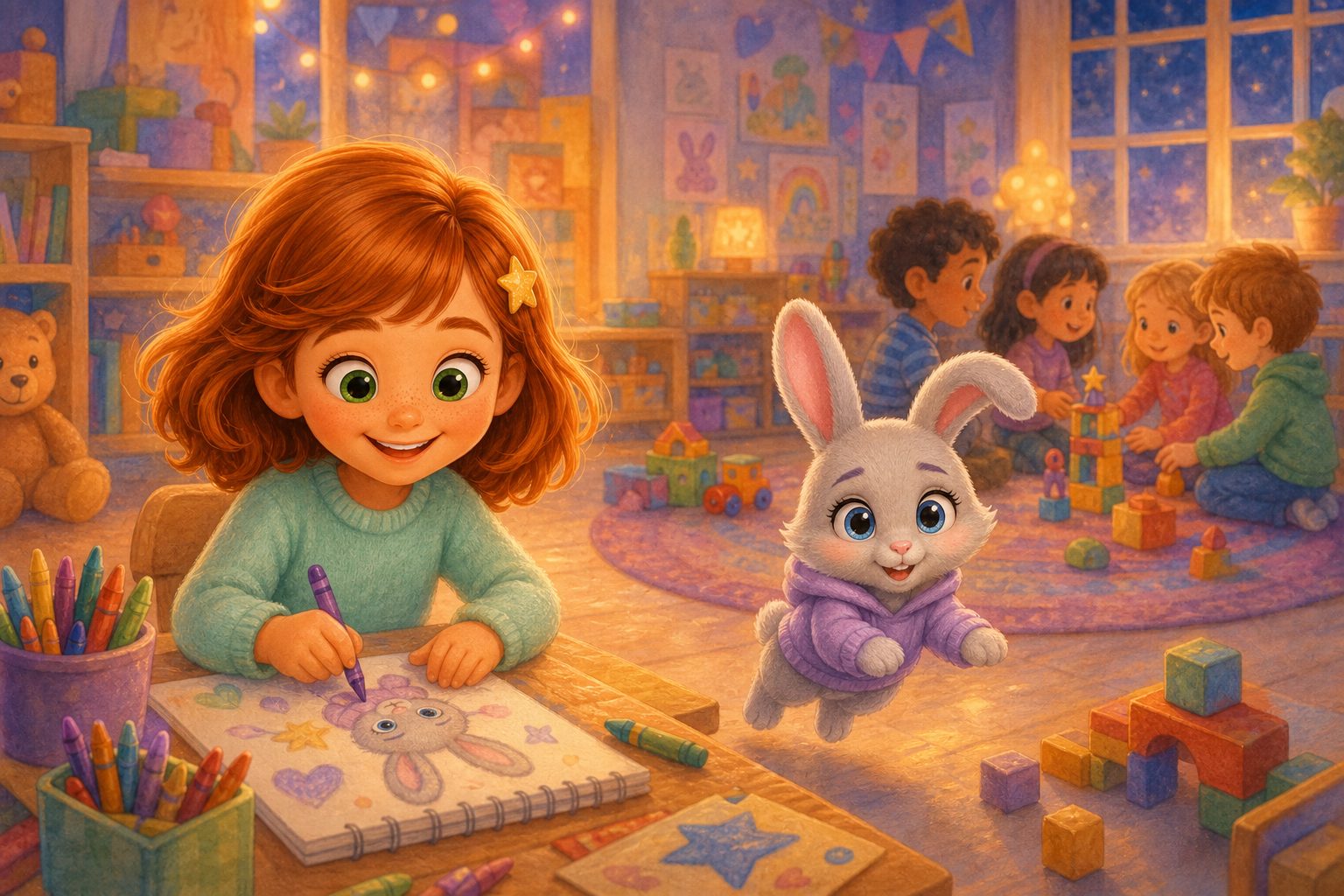 Character 1 is coloring in a preschool room filled with colorful toys and the sounds of new friends. Character 2 is quietly hopping towards a group of children, his ears bouncing joyfully.