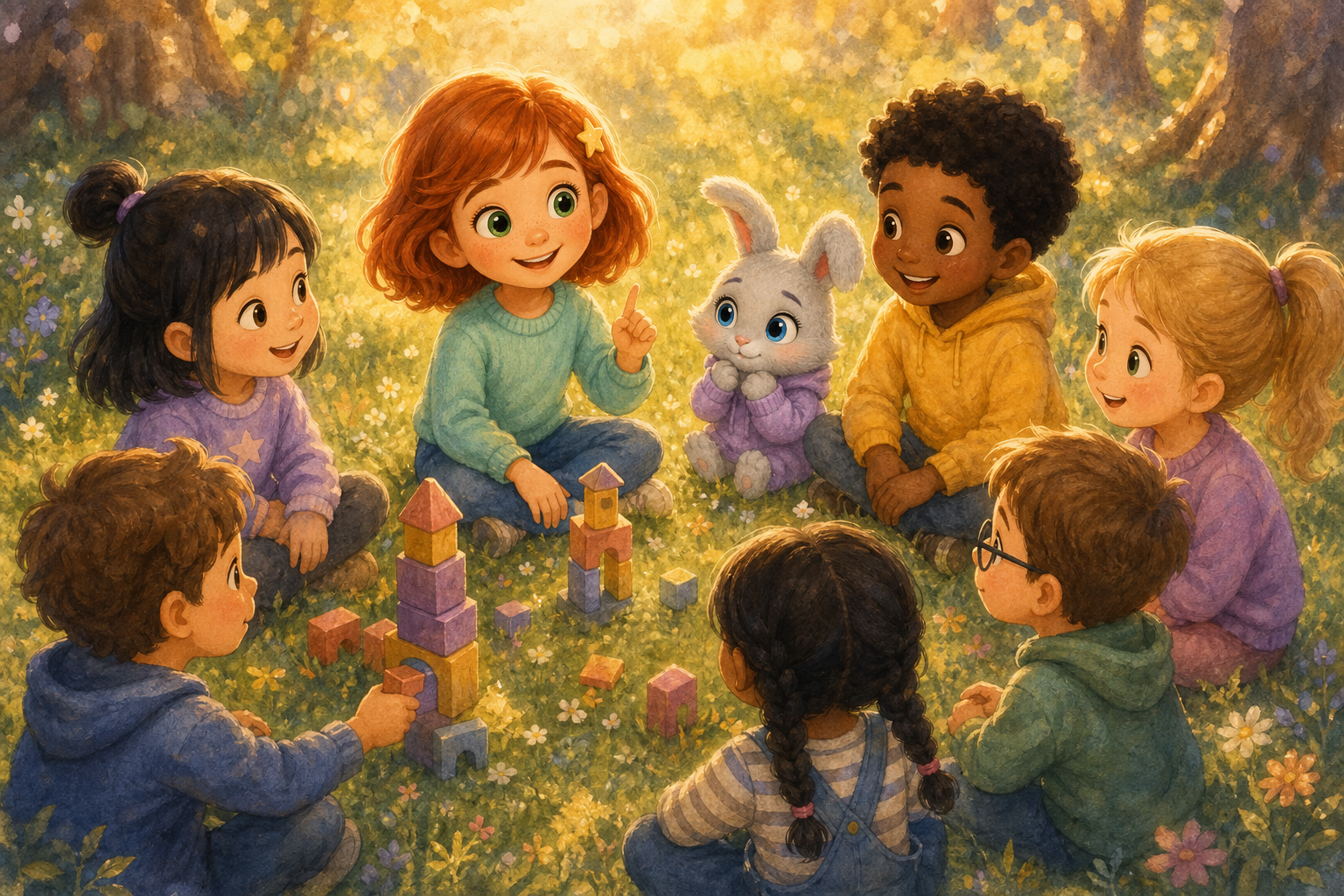Character 1 and Character 2 are in a circle of smiling children under warm sunlight. They are building towers and sharing stories, feeling the warmth of new friendships.