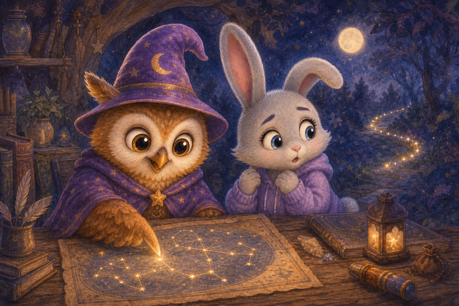 Character 1 is seen tracing paths on an ancient constellation map with the tip of her wing under the gentle glow of moonlight, while Character 2 notices a faint trail of sparkling dust in the backgrou