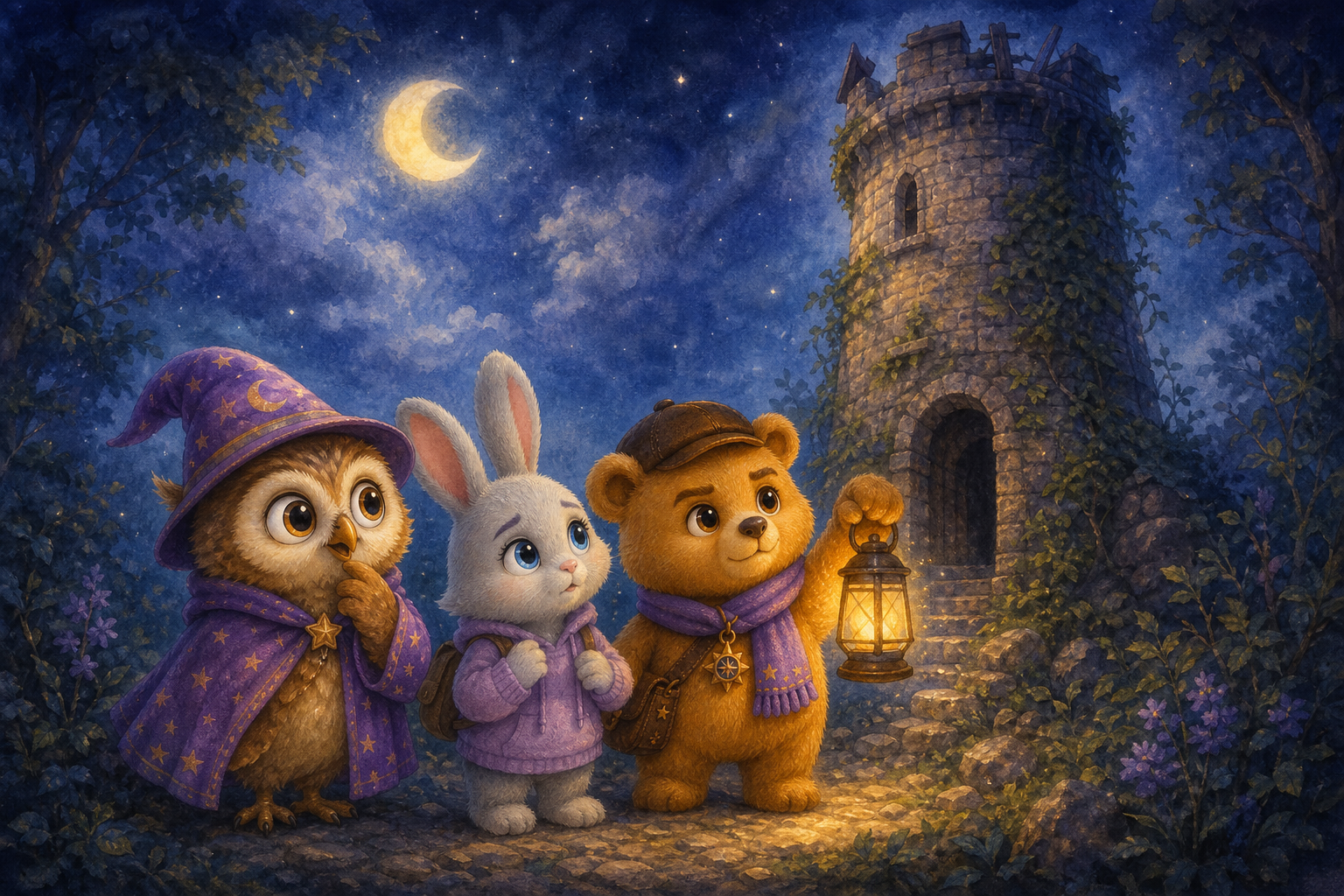 In a serene nighttime moment, Character 1, Character 2, and Character 3 stand before an old, forgotten tower. Character 1 poses a thoughtful question, Character 2 peers intently, and Character 3 holds