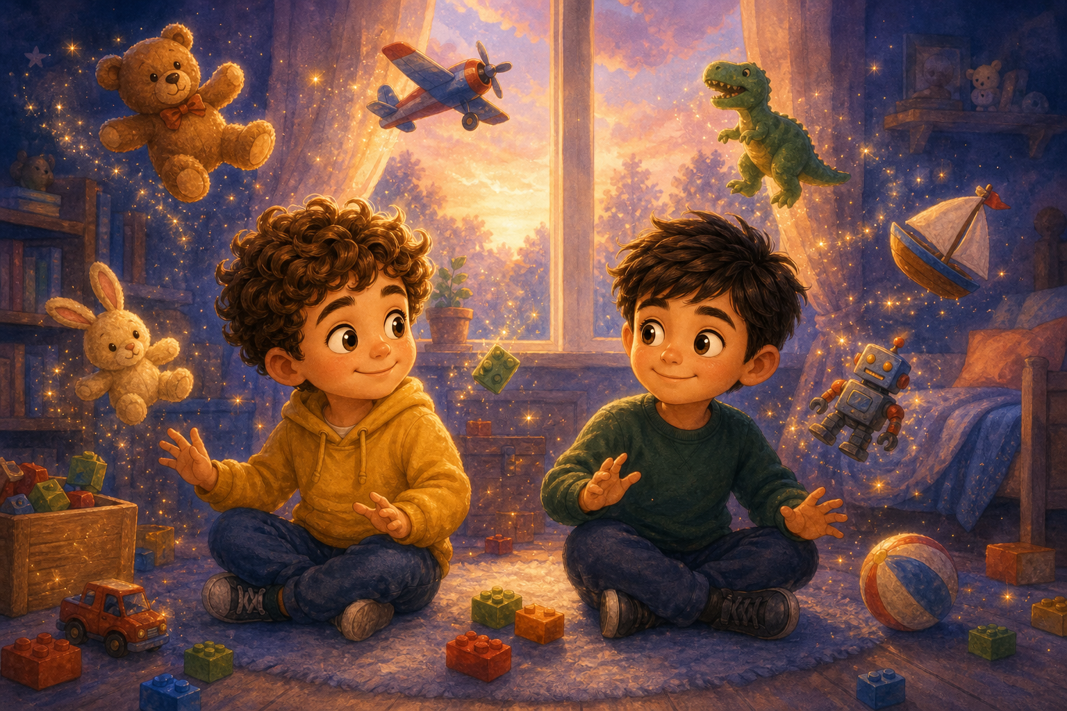Character 2 and Character 4 exchange curious glances as toys, touched by a sprinkle of magic, seem to scatter playfully around the room, illuminated by the fading light of the day.