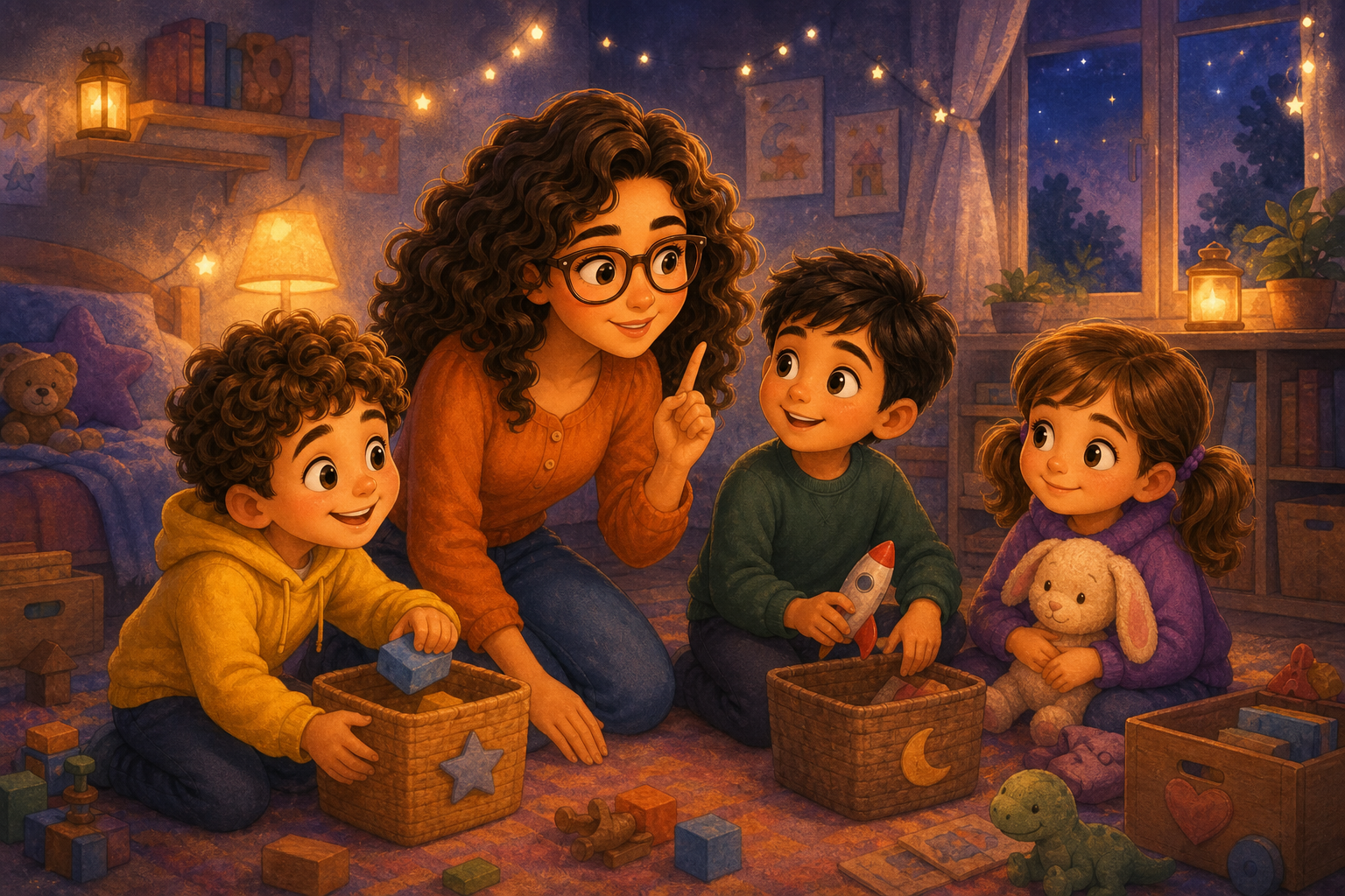Character 1 kneels beside Character 2 and Character 4, whispering a suggestion that transforms tidying up into a game, as Character 3 watches with her stuffed bunny, the room now filled with laughter