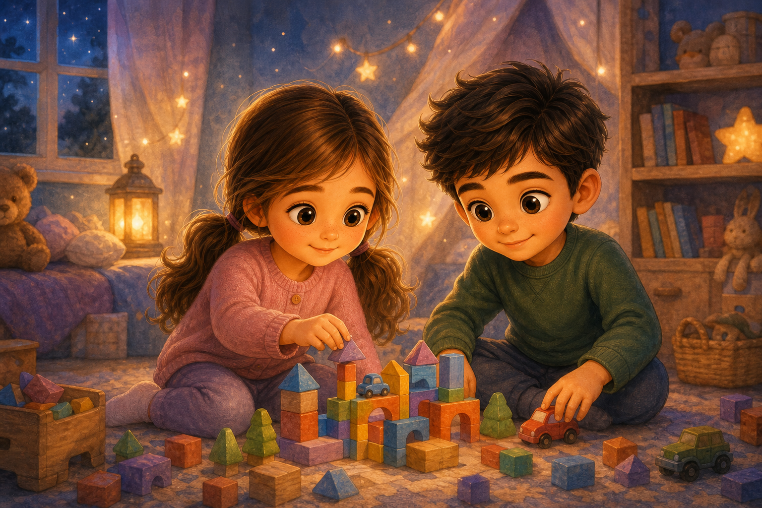 Character 1 and Character 2 sit side by side, engrossed in building with colorful blocks and toy cars, as the room glows softly with the magic of shared creativity.