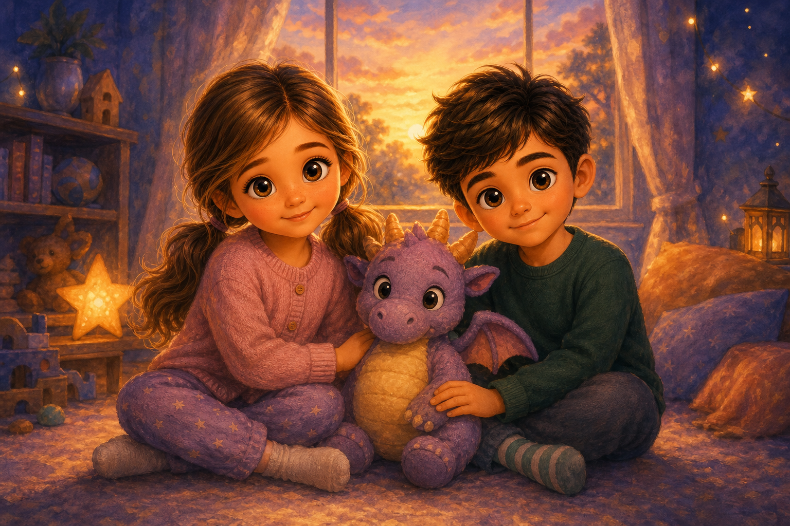 As the golden glow of the setting sun fills the playroom, Character 1 and Character 2 sit together, the plush dragon nestled between them, content and happy in their shared adventure.