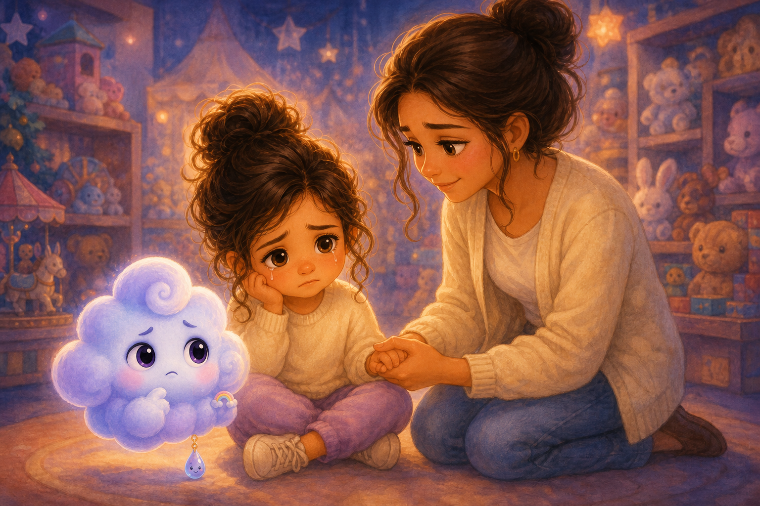 Character 1 sits on the floor of the toy store, tears in her eyes, while Character 2 glows softly beside her. Her mother kneels next to her, holding her hand, under the gentle store lights.