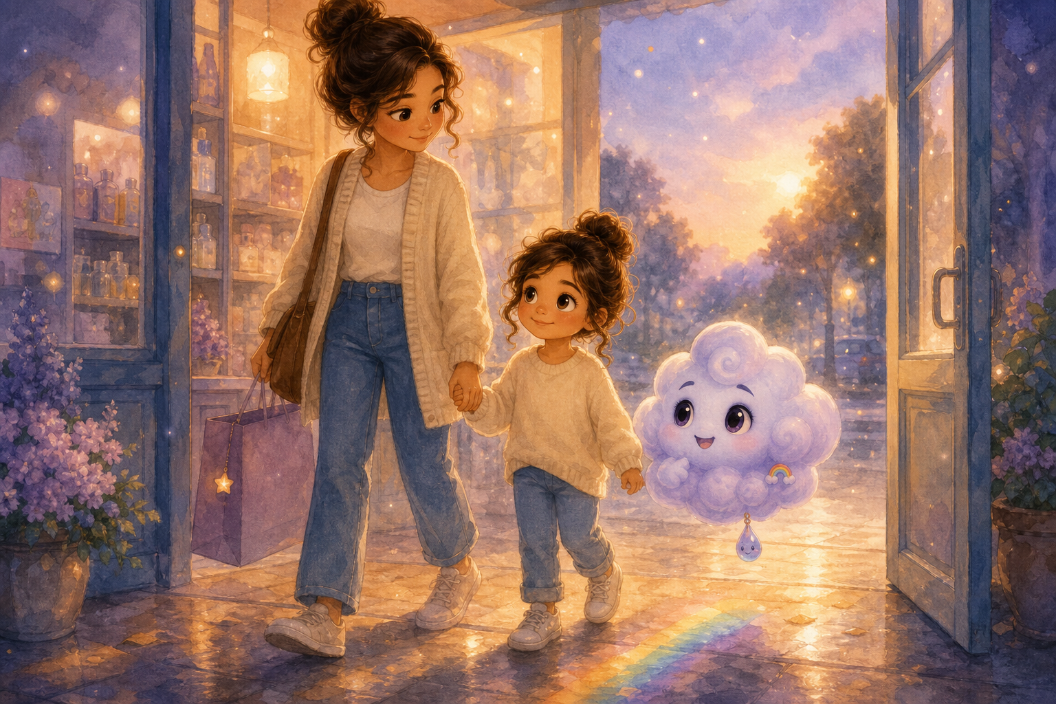 Character 1, Character 2, and her mother stand together at the store exit. Character 2 is brighter, with a small sun peeking through, casting a tiny rainbow on the floor. It's a serene moment as they