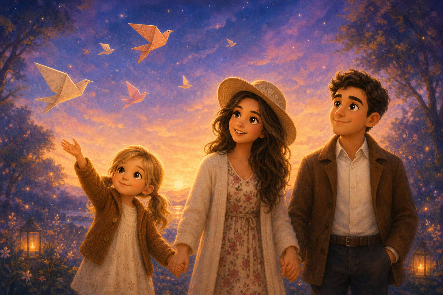 Character 1, Character 2, and Character 3 stand hand in hand, watching their paper birds soar in the soft evening light, feeling united and at peace as the sun sets.