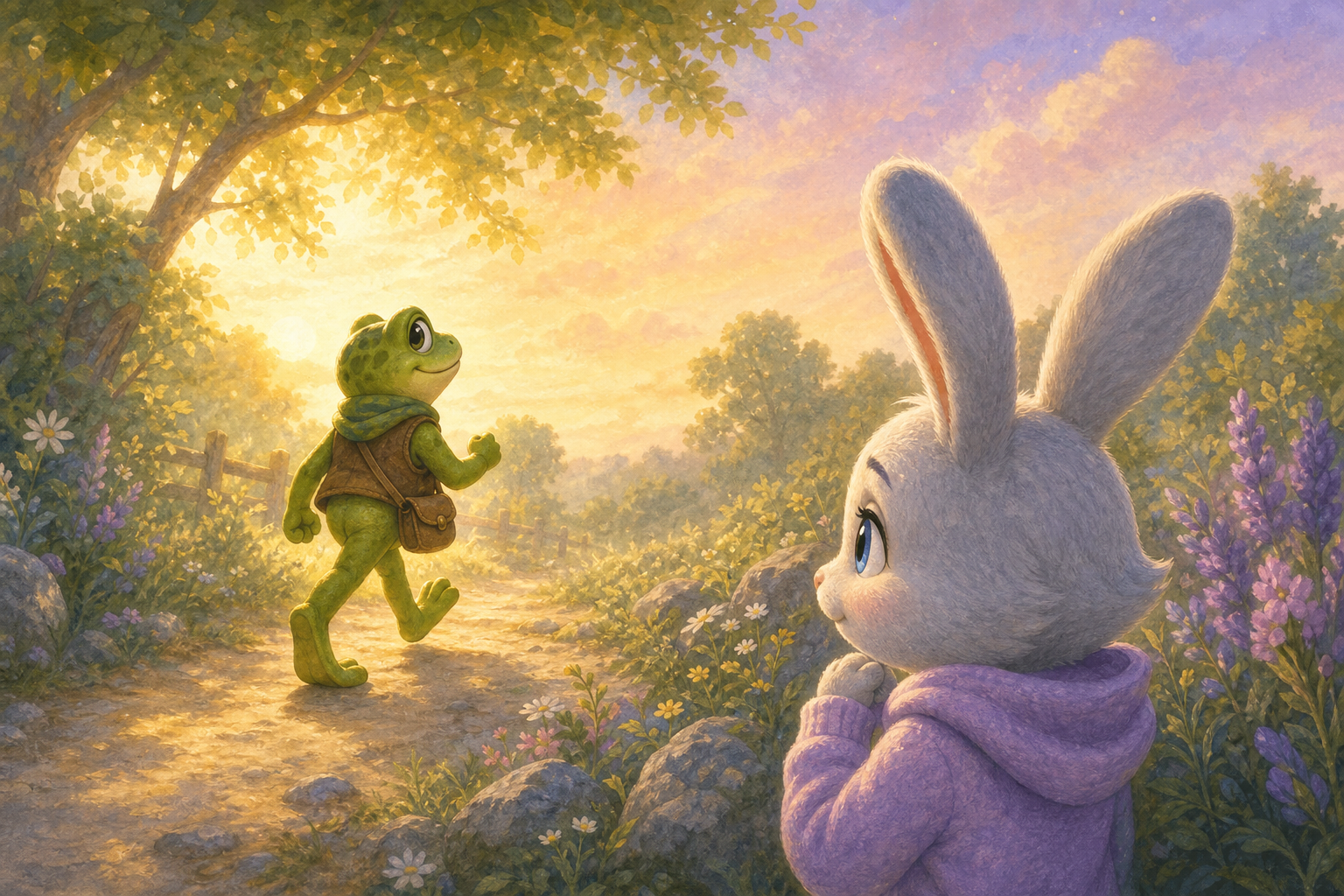 Character 1 hops along a sunlit path, feeling the morning sun warm his back, while Character 2 watches with a spark of courage, contemplating the day ahead.