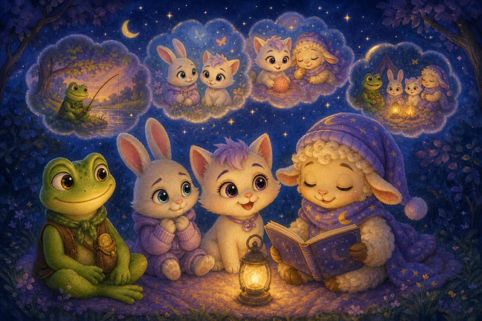 As night falls gently over the forest, Character 4's calm presence leads Character 1, Character 2, and Character 3 into a peaceful feeling, surrounded by glowing memories under the twinkling stars.