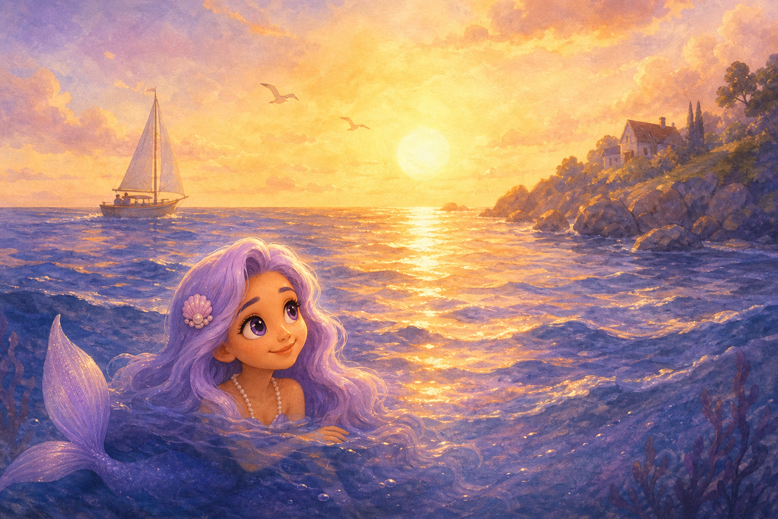 Character 1 watches from the water as the sun casts golden reflections on the sea. It's a peaceful afternoon moment, with Character 1 hidden among the waves, observing the world above.