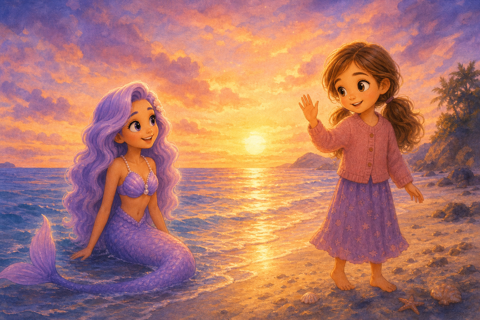 Character 1 and Character 2 stand together on the beach at dusk. Character 2 waves to Character 1, who smiles back from the water's edge. The sky is painted with the colors of the setting sun, reflect