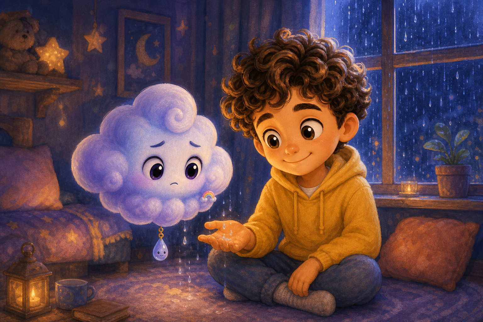 Character 1 sits quietly next to Character 2, feeling the soft rain from the cloud on his hand. The room is calm with raindrops pattering on the windowsill, as Character 2 mirrors Character 1's emotio